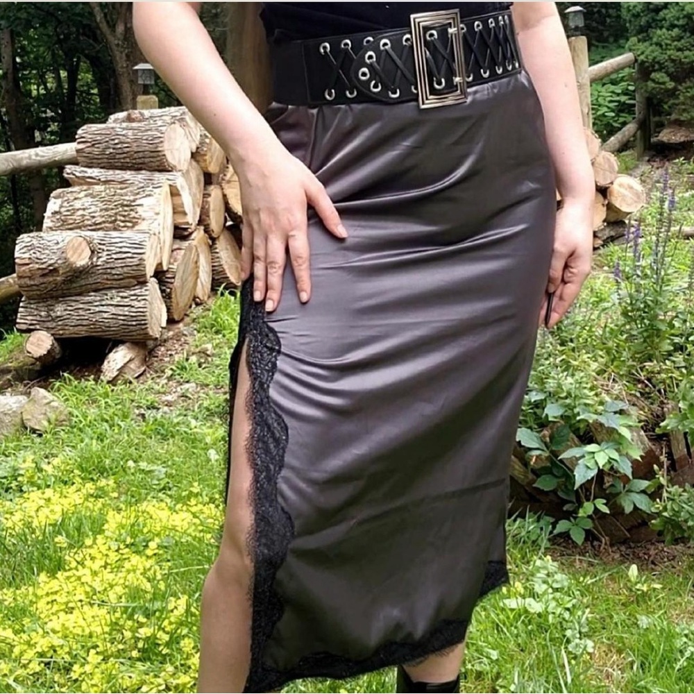 Divided 90s Grunge Gun Metal Gray Satin Midi Skirt with Lace Detail